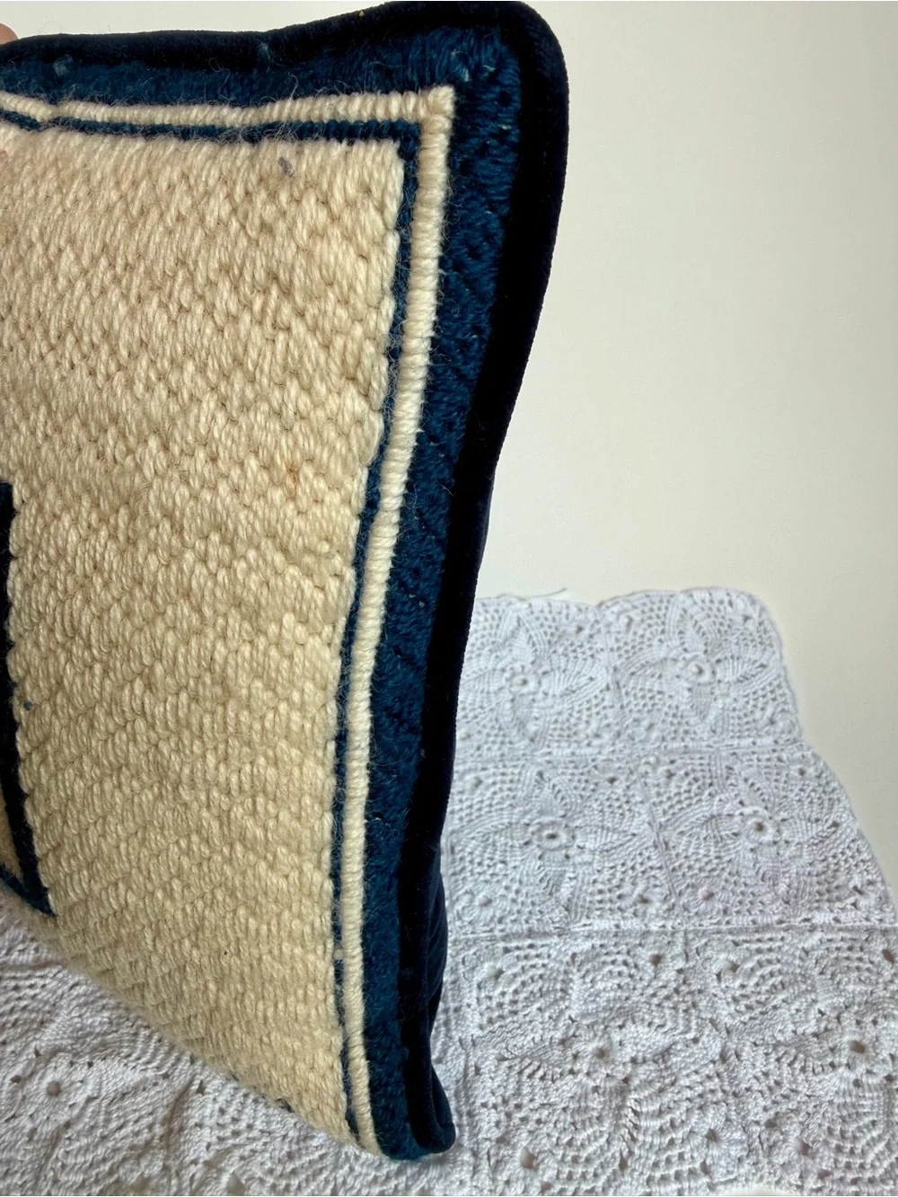 Hand Hooked Monogram C Accent Throw Pillow Navy Cream Wool Velvet Back